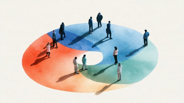 Behavioral analysis grouped figurines decision patterns purchasing trends customer journey commercial insights flat design top view retail theme water color Triadic Color Scheme. 
