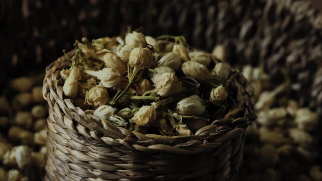 Dried jasmine flowers prepared as a natural ingredient for brewing fragrant jasmine flower tea.