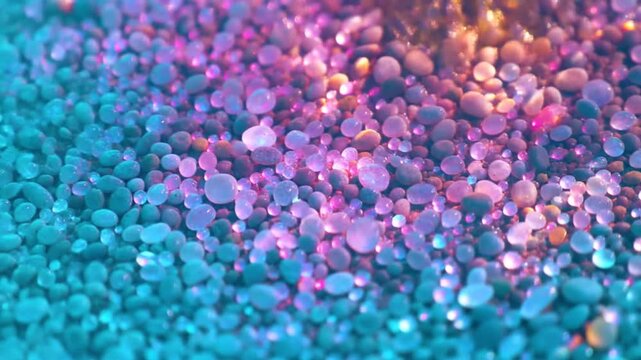 Colorful translucent beads forming a pink and blue textured surface with soft light