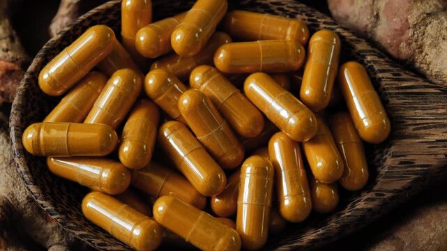 Turmeric capsules made from turmeric extract, presented as a natural herbal supplement and traditional herbal product.