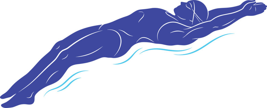 Male swimmer performing backstroke or underwater glide silhouette athletic man water sports vector illustration isolated on white background for design