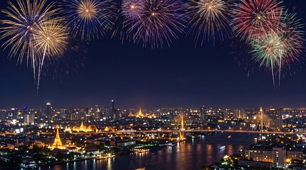 Obraz premium Spectacular fireworks display illuminating a vibrant cityscape at night with water reflections