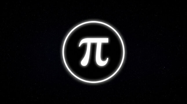 Glowing neon pi symbol centered in a circular frame against a dark starry background representing mathematics and science