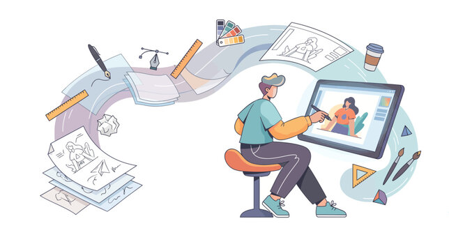 Digital artist creating an illustration on a tablet, surrounded by various design tools and sketches, showcasing the creative workflow.