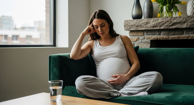 Pregnant woman with hand on head sitting cross-legged on couch, symbolizing reflection, contemplation, and anticipation of motherhood