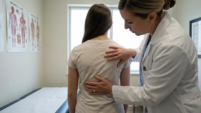 Medical back assessment: physician examine, young woman, scoliosis detect, spinal curvature, health care, posture analyze, physical check, body structure.