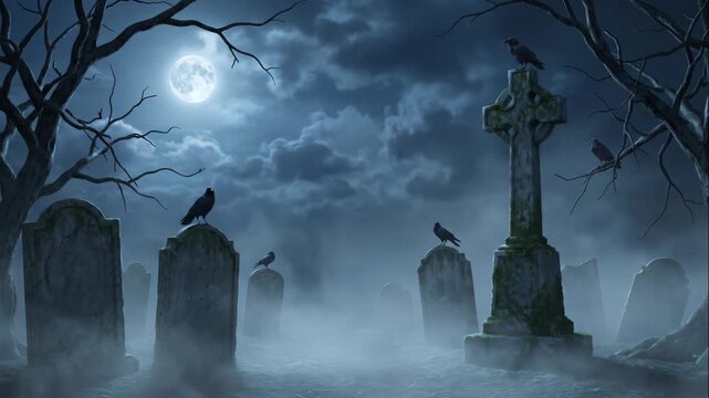 Misty Graveyard Under Moonlit Night Fog, Weathered Tombstone, Raven, Cemetery Cross, Dark Gothic Background. Dark night cemetery grave gravestone. eerie mysterious magical, dramatic atmosphere death