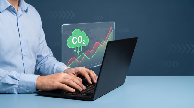 Carbon emission chart displayed beside laptop for climate analysis. green renewable energy sustainability. future management responsibility, graph report statistic analysis monitoring