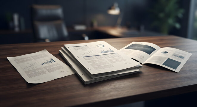 Professional corporate office desk with stacked financial reports, business charts, and an open brochure