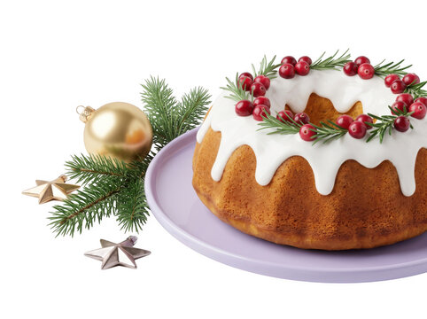 Christmas bundt cake decorated with cranberries and fir branches as isolated on transparent background