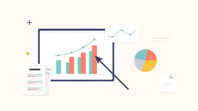 Illustrated graphic showing business analytics with bar chart growth trend and pie chart data visualization on transparent background