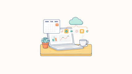 Fototapeta premium Illustration of workspace setup with laptop displaying calendar and productivity apps connected to cloud storage