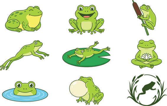 Cute green frog illustration collection featuring playful frogs, froglets, lily pads, pond scenes and whimsical amphibian characters