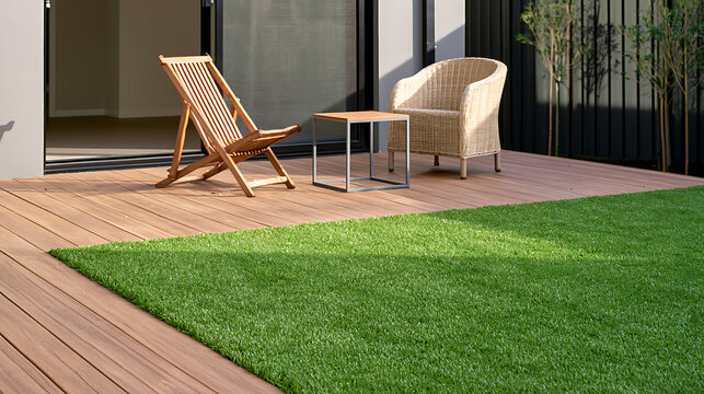 Modern backyard patio with wooden deck floor, comfortable wicker armchair, lounge chair, small coffee table, and green grass lawn view