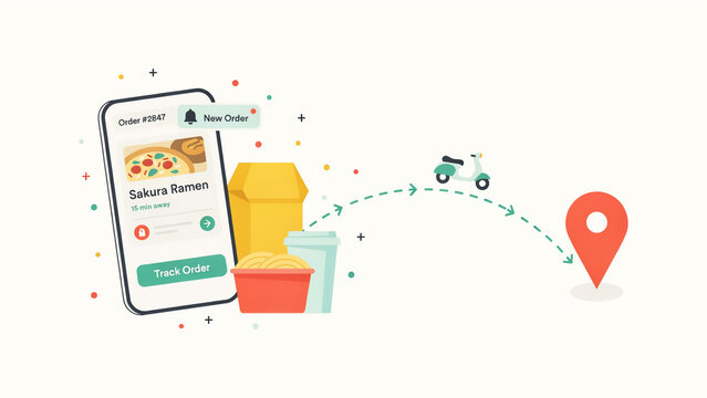 Illustration showing food delivery order tracking with mobile app and scooter transportation to location