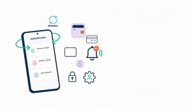 Illustration showing mobile app subscription management with renewal notifications and payment icons connected