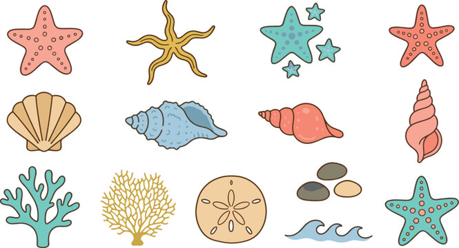 Colorful hand drawn ocean elements collection with starfish, seashells, coral, seaweed, sand dollars and waves isolated on white background