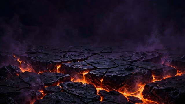 Abstract Halloween background of cracked obsidian stone surface with glowing orange magma oozing through fissures deep purple ambient shadows and cinematic lighting with sharp detail.