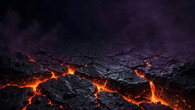 Abstract Halloween background of cracked obsidian stone surface with glowing orange magma oozing through fissures deep purple ambient shadows and cinematic lighting with sharp detail.