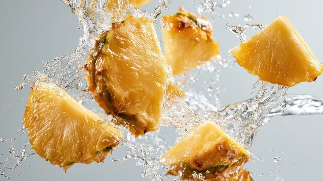 Chopped pineapple pieces floating in mid-air, water droplets scattering dynamically, isolated on a light grey background with copy space. -
