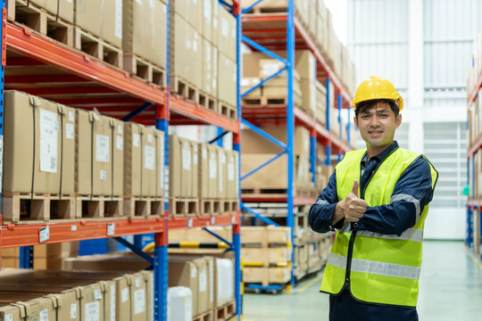 Portrait Warehouse worker, inventory and check stock product. Transport logistic business ship delivery to customer. stock card, bill of material, inspection, storehouse, storage, factory