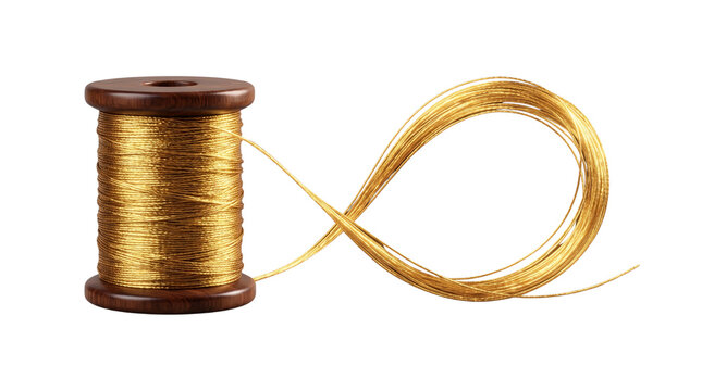 Gold thread spool on white background