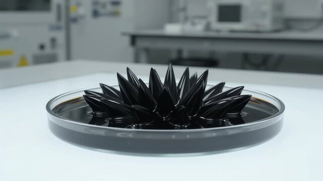 Black ferrofluid forming magnetic spikes in a petri dish.