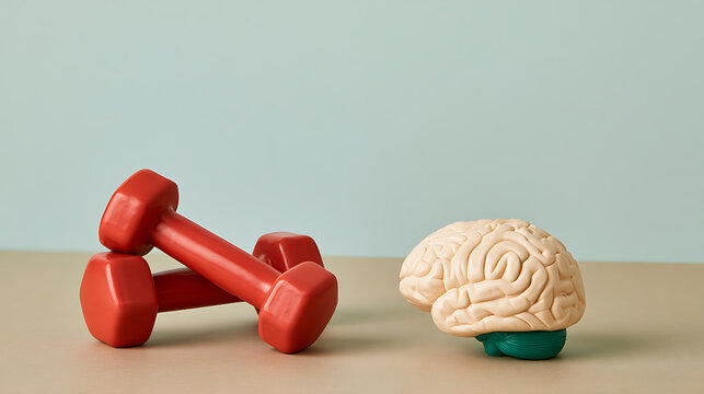 Brain health and mental fitness concept with a human brain model next to red dumbbells on a table, symbolizing cognitive exercise today