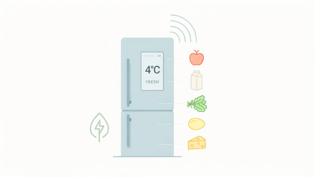 Smart refrigerator maintaining fresh food items at optimal temperature with energy efficiency illustration