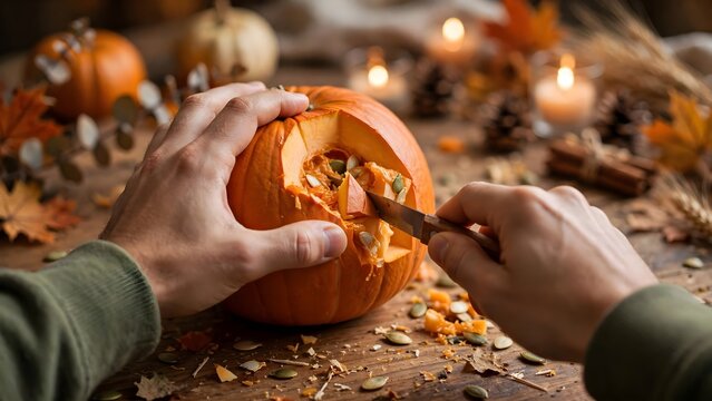 Realistic photo of a rustic wooden table with warm candle lighting and soft focus autumn decorations in the background
