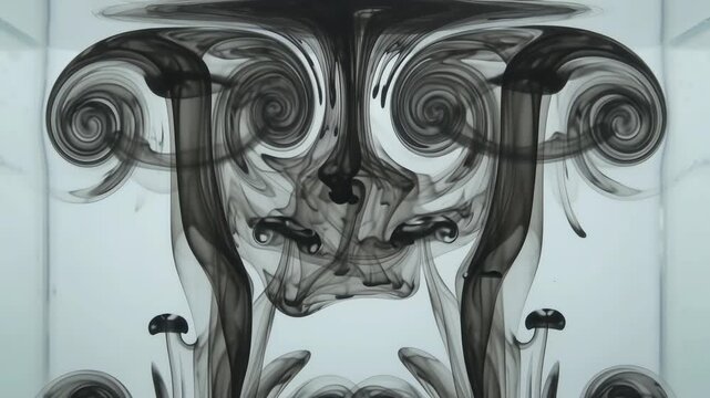 Symmetrical black ink swirling in water creating abstract shapes.