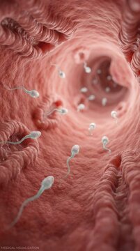 Life initiation voyage: human reproduction, realistic view, sperm navigation, fertilization process, embryonic development, female system, early journey, cellular change.