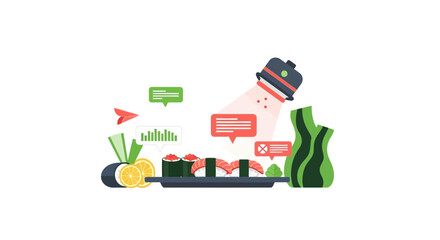 Obraz premium Conceptual Flat Illustration of Sushi Platter with Digital Data Interface and Analytical Elements