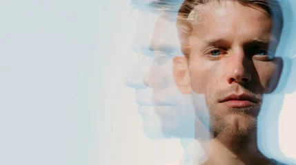 Conceptual Emotional Fashion Portrait of Elegant Man with Dual Expressions, Joyful and Melancholic Multiple Exposure, Luxury Advertising Photography  © MindPix