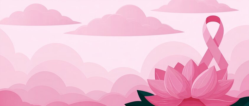 Pink lotus blooms beneath soft, pastel clouds