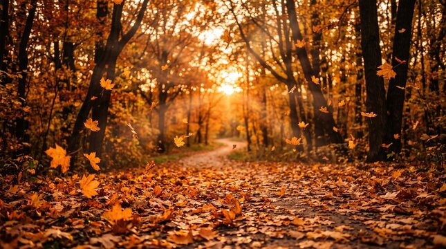 Golden autumn forest path covered with fallen orange leaves under warm sunset sunlight