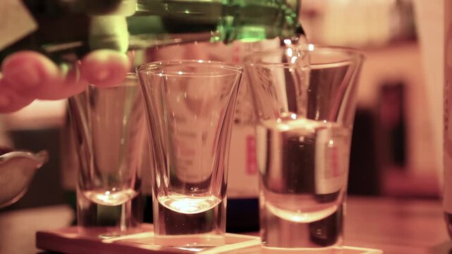 Pouring clear liquid into shot glasses from a bottle, close-up motion.