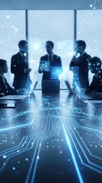 Abstract blue light lines and particles flow dynamically over a blurred image of business professionals seated at a conference table, symbolizing data connectivity and global communication. 