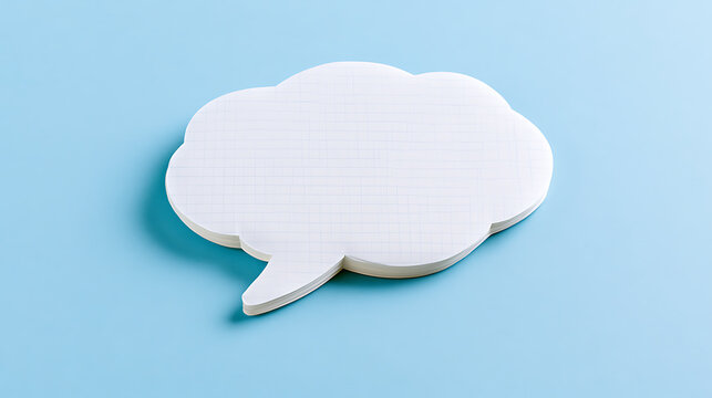 Blank white cloud speech bubble sticky note pad on a solid pastel blue background for creative communication and message ideas space