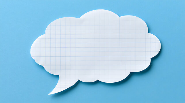 White paper speech bubble with grid pattern on solid blue background, cutout dialogue shape for communication and message design element