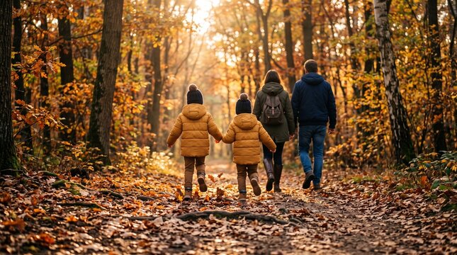 Family with two children walking together on a forest path during a sunny autumn day