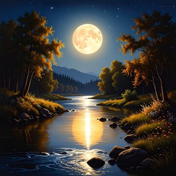 a painting of a river with a full moon