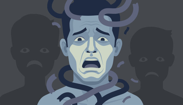 Dramatic conceptual illustration of a frightened man experiencing panic, anxiety, and dark thoughts with shadows behind him.