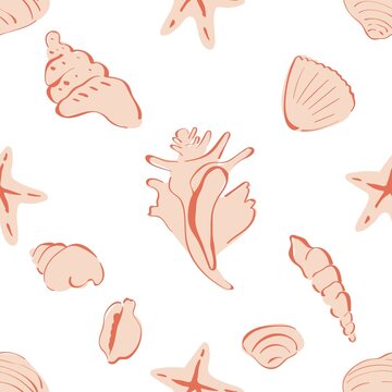 Doodle-style pattern with pink seashells	