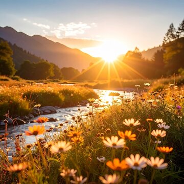 a river with flowers in the fore