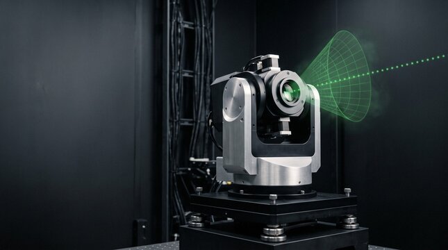 Optical laser transceiver turret projecting a green laser beam and holographic alignment cone in a dark lab
