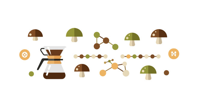 Minimalist Mushroom Coffee Illustration with Chemex and Molecular Fungi Elements