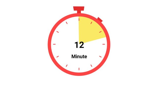Animated red 15-minute stopwatch timer counting up, flat design infographic element on white background for time management and deadline concepts 