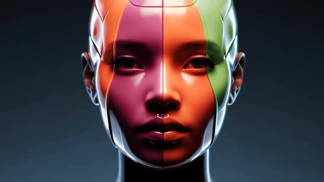 Split Color Human Face Portrait with Orange and Green Lighting Against Dark Background