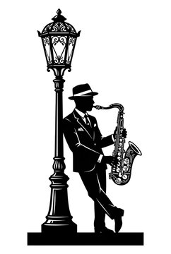 Vintage Jazz Saxophonist Playing Music Under Ornate Street Lamp